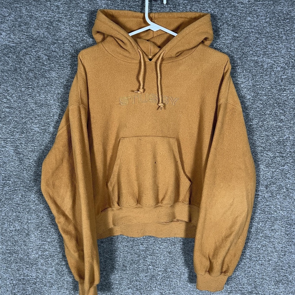 Stussy Crop Hoodie Womens Large Brown Fleece Pullover Logo Sweatshirt‎